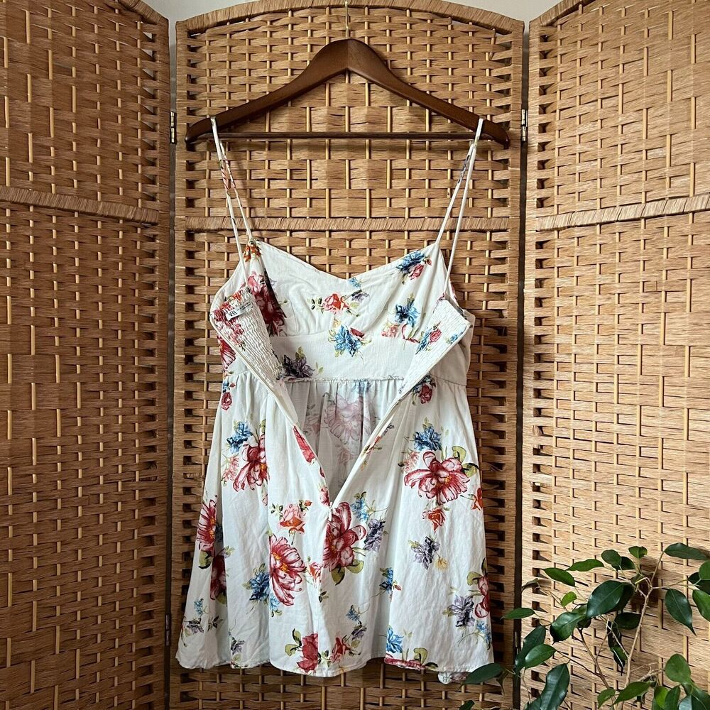 Zara Corset Style Cream Floral Cottagecore Camisole Mini Sun Dress Size Medium - Picture 11 of 13